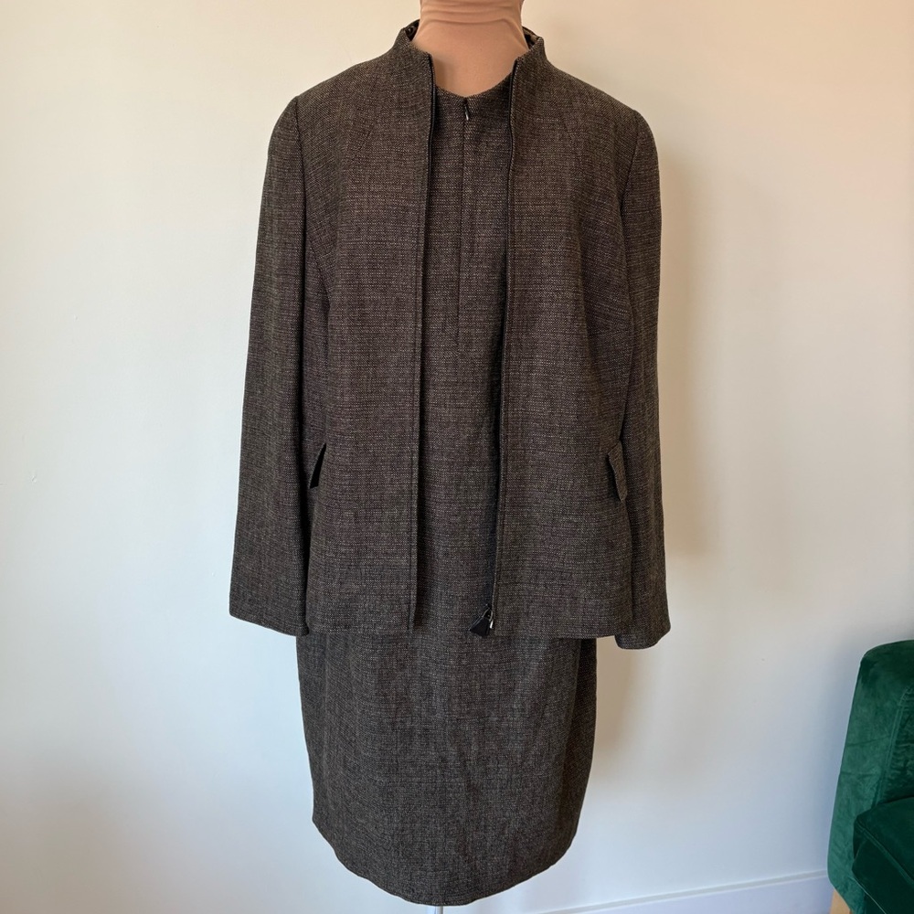 Akris Wool Cashmere Brown Zipper Accents Dress Blazer Jacket Set EUC Size US 16